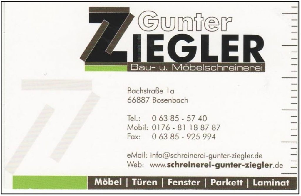 Logo der Schreinerei Ziegler mit Kontaktdaten